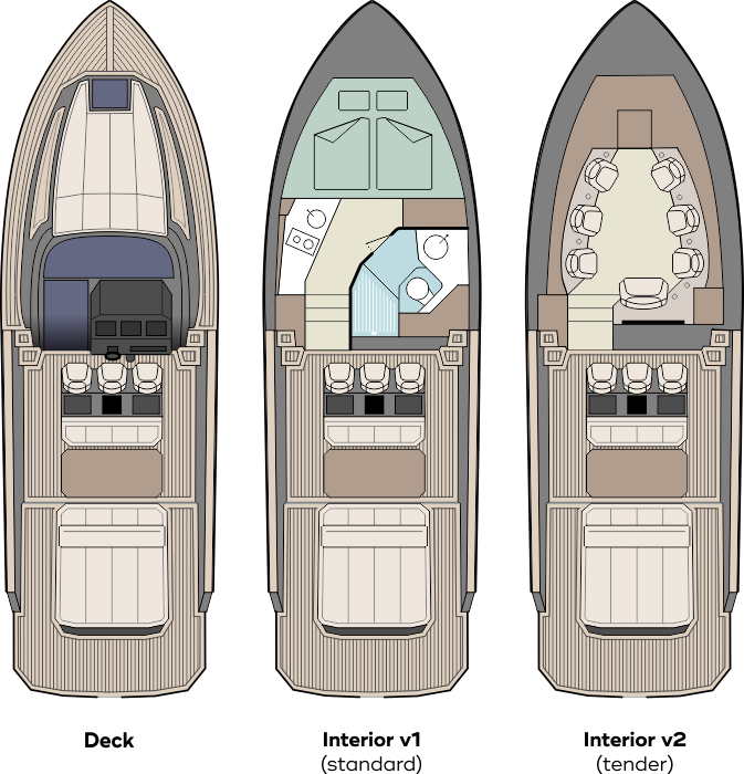 Forza 37 deck plan and interior layouts — standard and tender versions